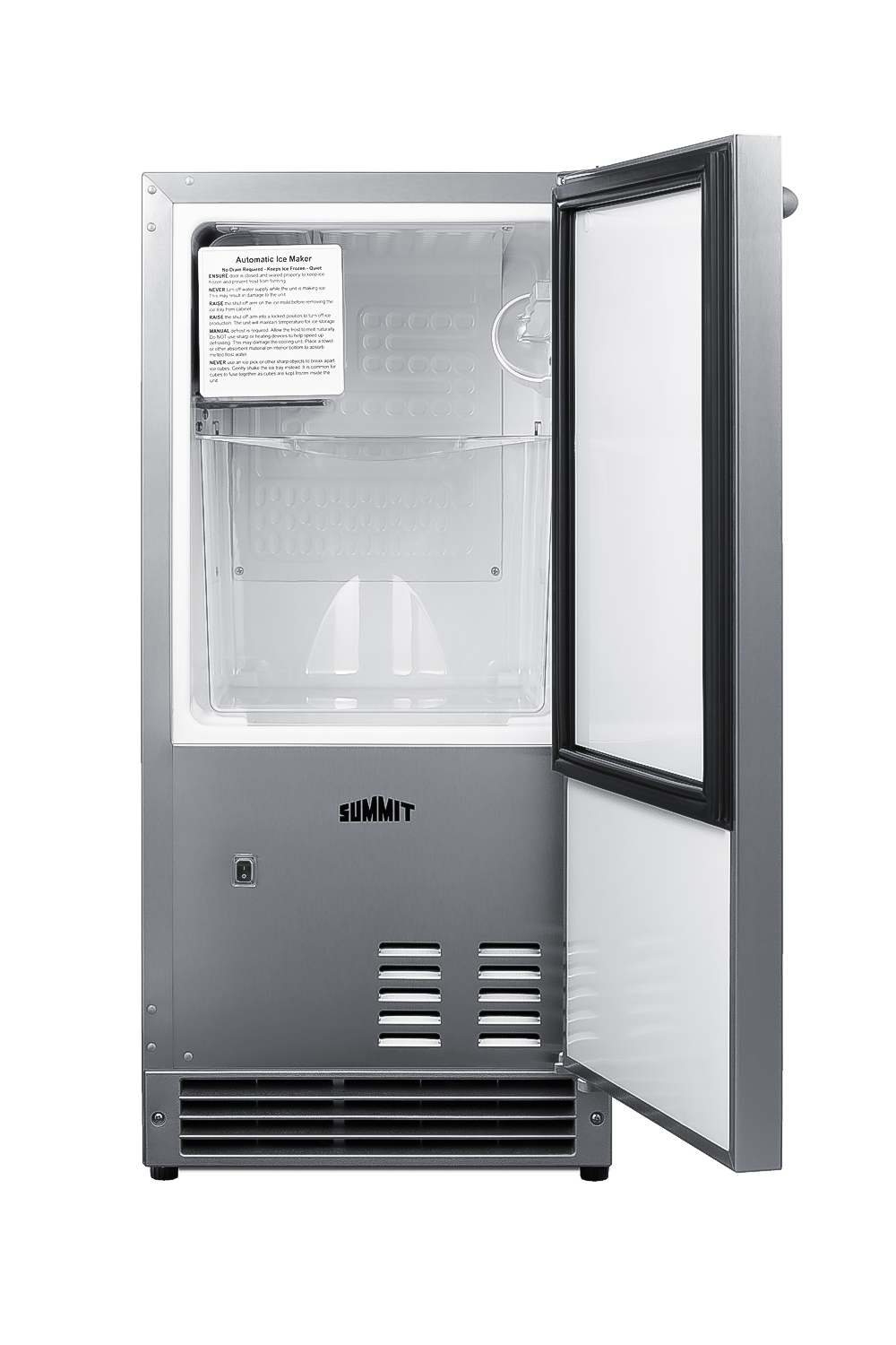 Built-in undercounter ADA compliant manual defrost icemaker wrapped in a stainless steel exterior finish; no drain required